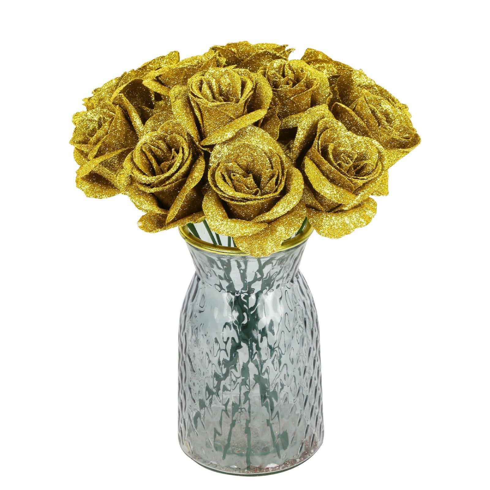 Glitter Rose Bouquet with Stems 30pcs | DIY Wedding Valentine's Day Party & Home Decor in Gold Silver Pink Purple 7 Colors