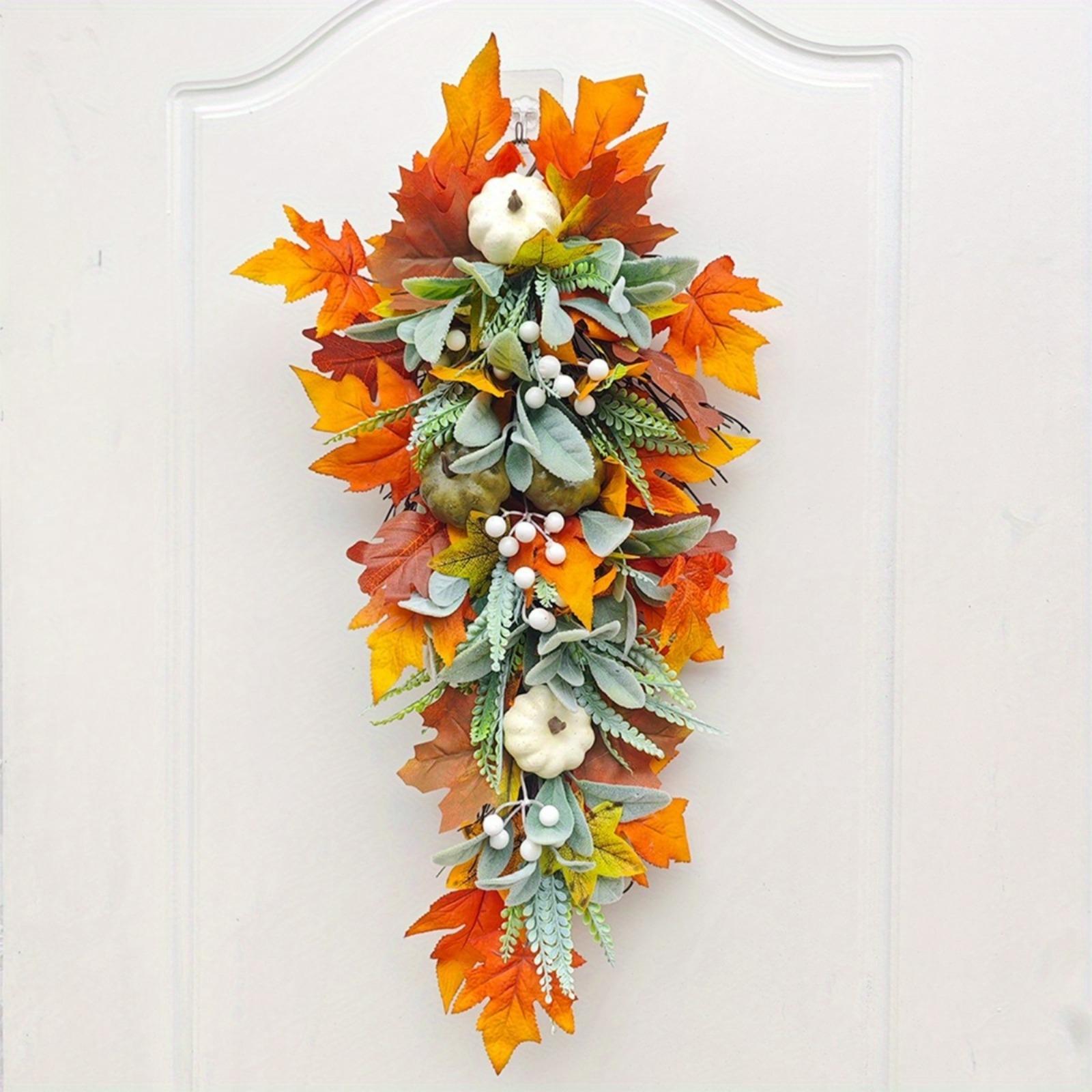 Artificial Sunflower Pumpkin Maple Leaf Door Swag | Autumn Fall Front Door Porch Mantel & Christmas Outdoor Decor