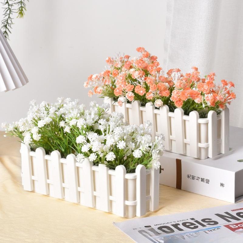 Artificial Daisy Potted Plants in Picket Fence Pots Set of 3 | Home Office Window Wedding Indoor & Outdoor Decor