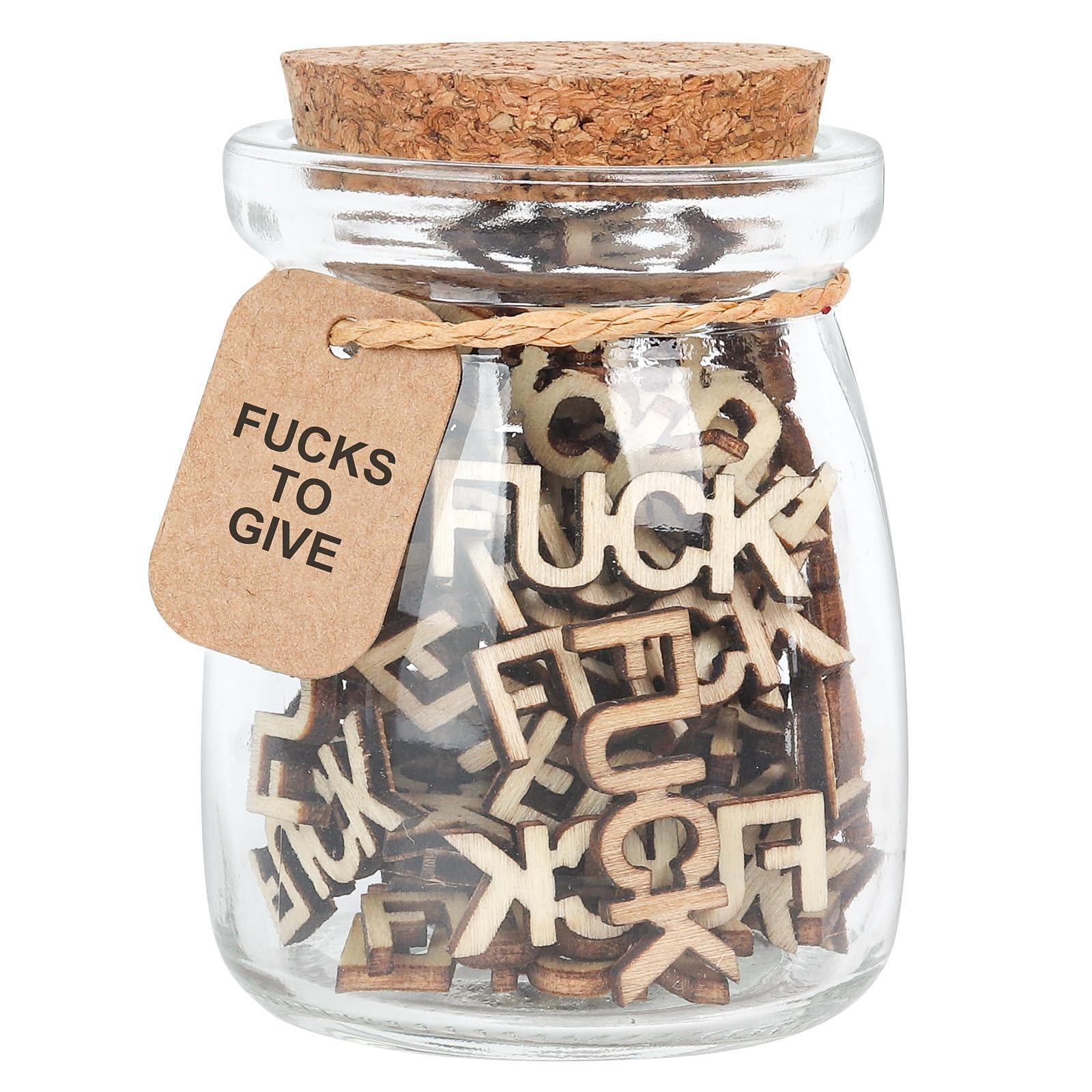 Jar of F*cks | Funny Gag Gift with Wooden Cutout Letters Glass Jar for Birthday Christmas Valentine's Day Anniversary & Office Party