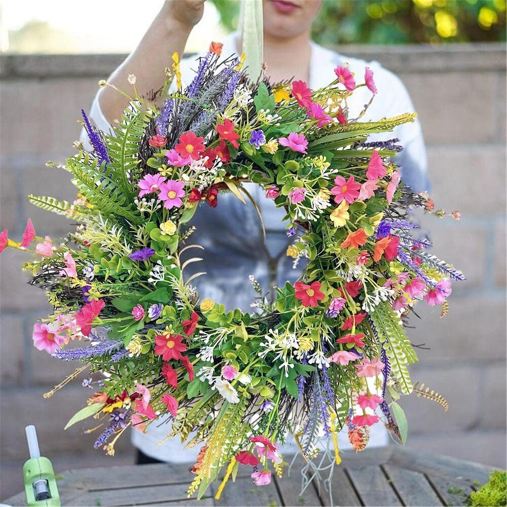 17.7in Spring Wreaths for Front Door Welcome Summer Flower Weatherproof Greenery All Seasons Round Wreaths Rustic Decor Decoration Fruit Plants