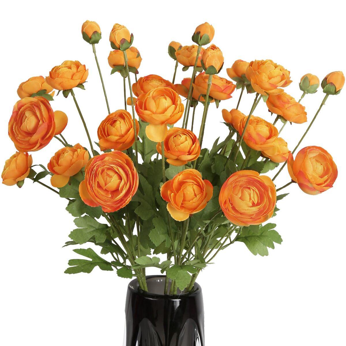 Artificial Ranunculus Flowers Set of 4 | Real Touch Stems | White Yellow Orange Pink
