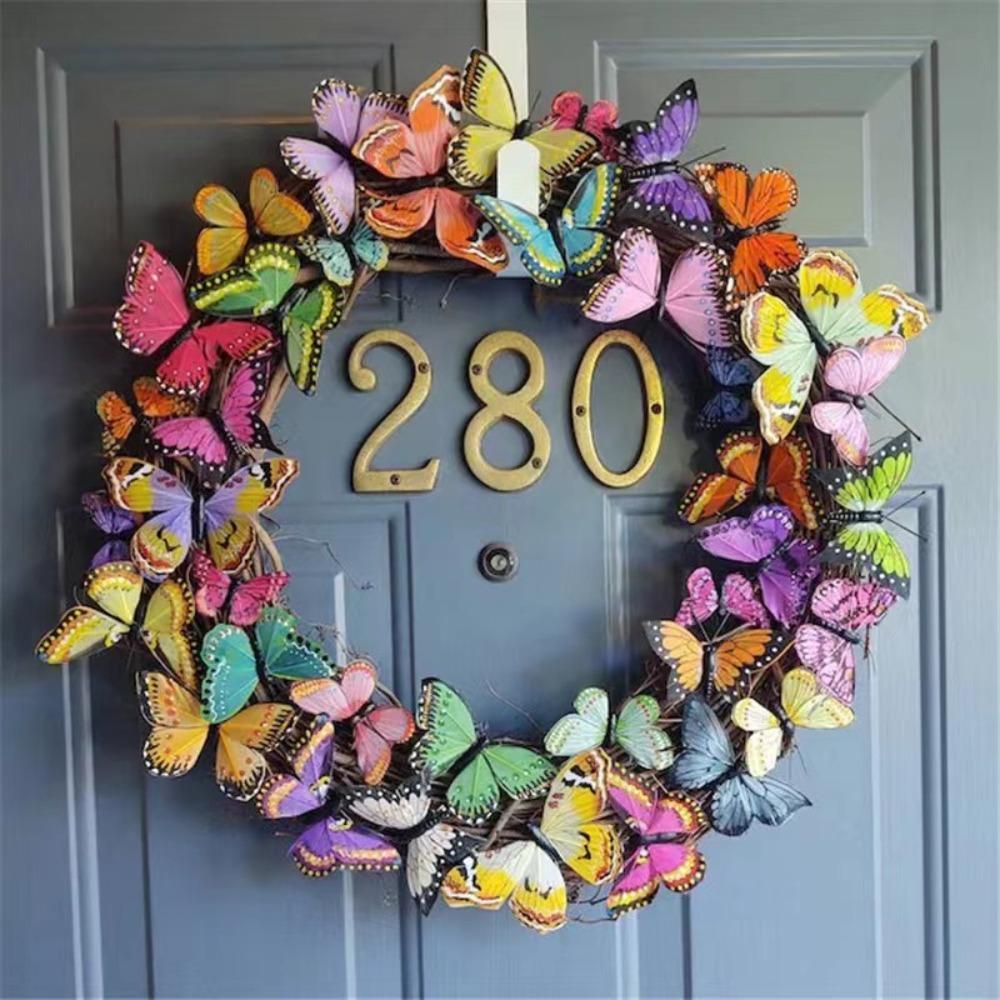 Butterfly Front Door Wreath | Red Orange Yellow Artificial Tulip Rattan Vine Door & Wall Mount Easter Spring Decor
