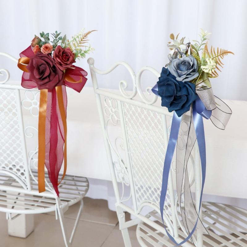 Artificial Flower Pew Decorations 2pcs with Eucalyptus and Ribbons | Wedding Aisle Church Chair Ceremony & Party Decor in White Champagne Pink Orange Blue Red
