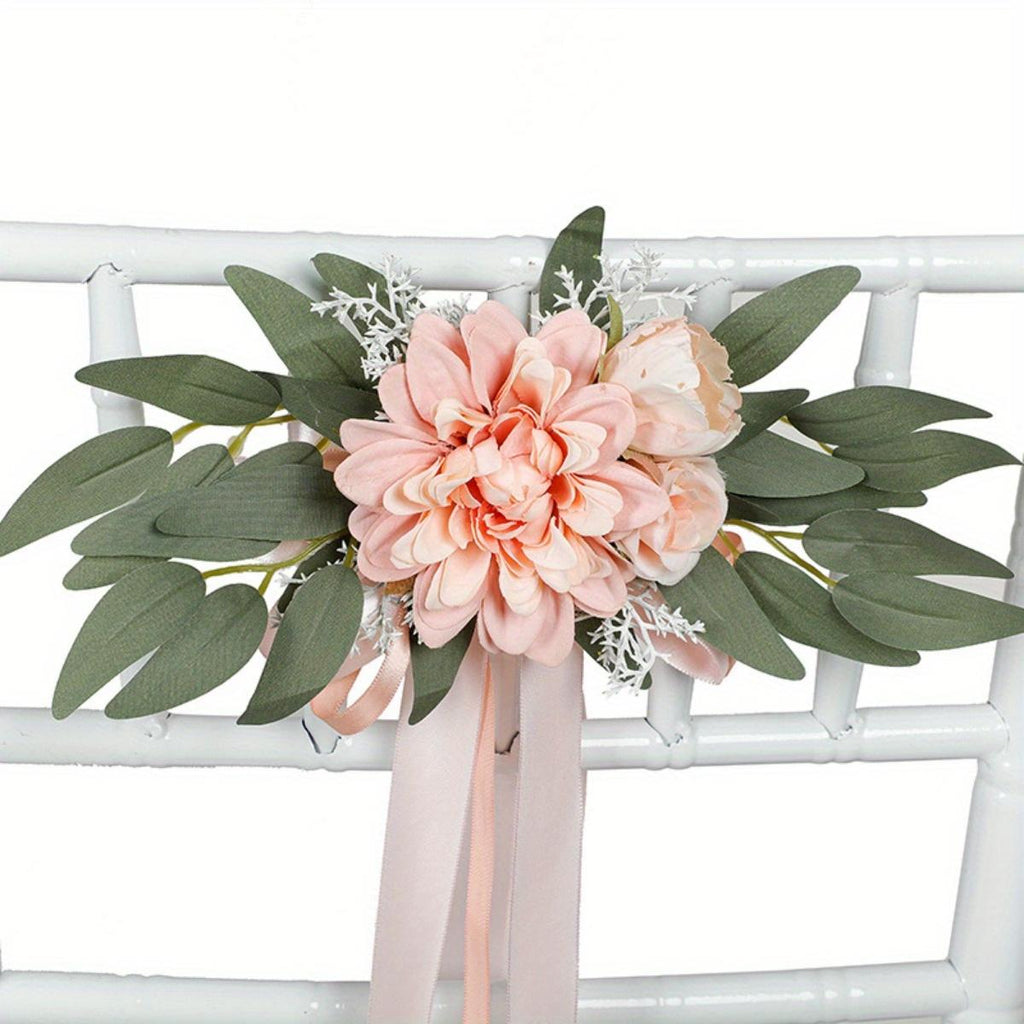 Artificial Rose Chair Decor 4pcs with Eucalyptus & Ribbons | Wedding Ceremony Aisle & Engagement Party Decoration in White Blue Pink Light Pink