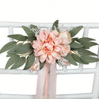 Artificial Rose Chair Decor 4pcs with Eucalyptus & Ribbons | Wedding Ceremony Aisle & Engagement Party Decoration in White Blue Pink Light Pink