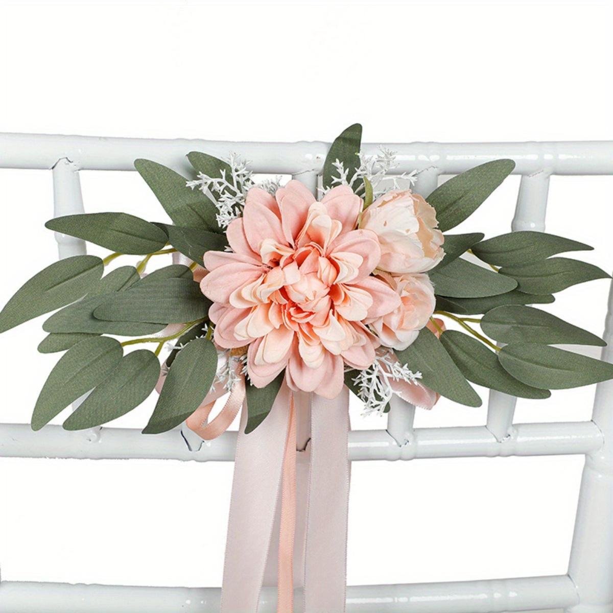Artificial Rose Chair Decor 4pcs with Eucalyptus & Ribbons | Wedding Ceremony Aisle & Engagement Party Decoration in White Blue Pink Light Pink