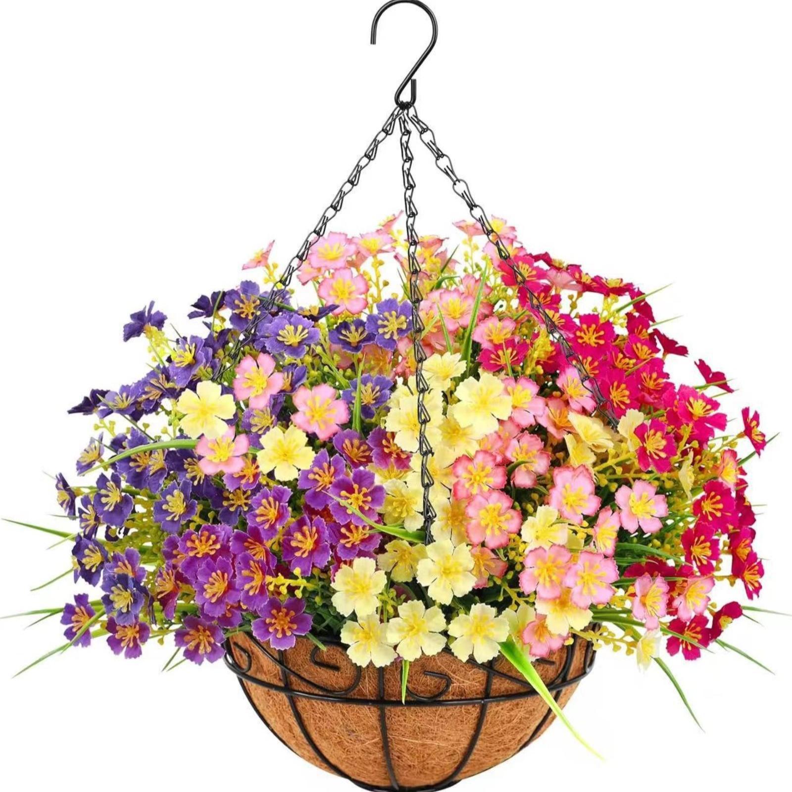 Artificial Silk Daisy Eucalyptus Spring Hanging Basket Metal Coconut Pot | Outdoor Indoor Porch Garden Easter & Home Decor in Pink Purple Orange Mix