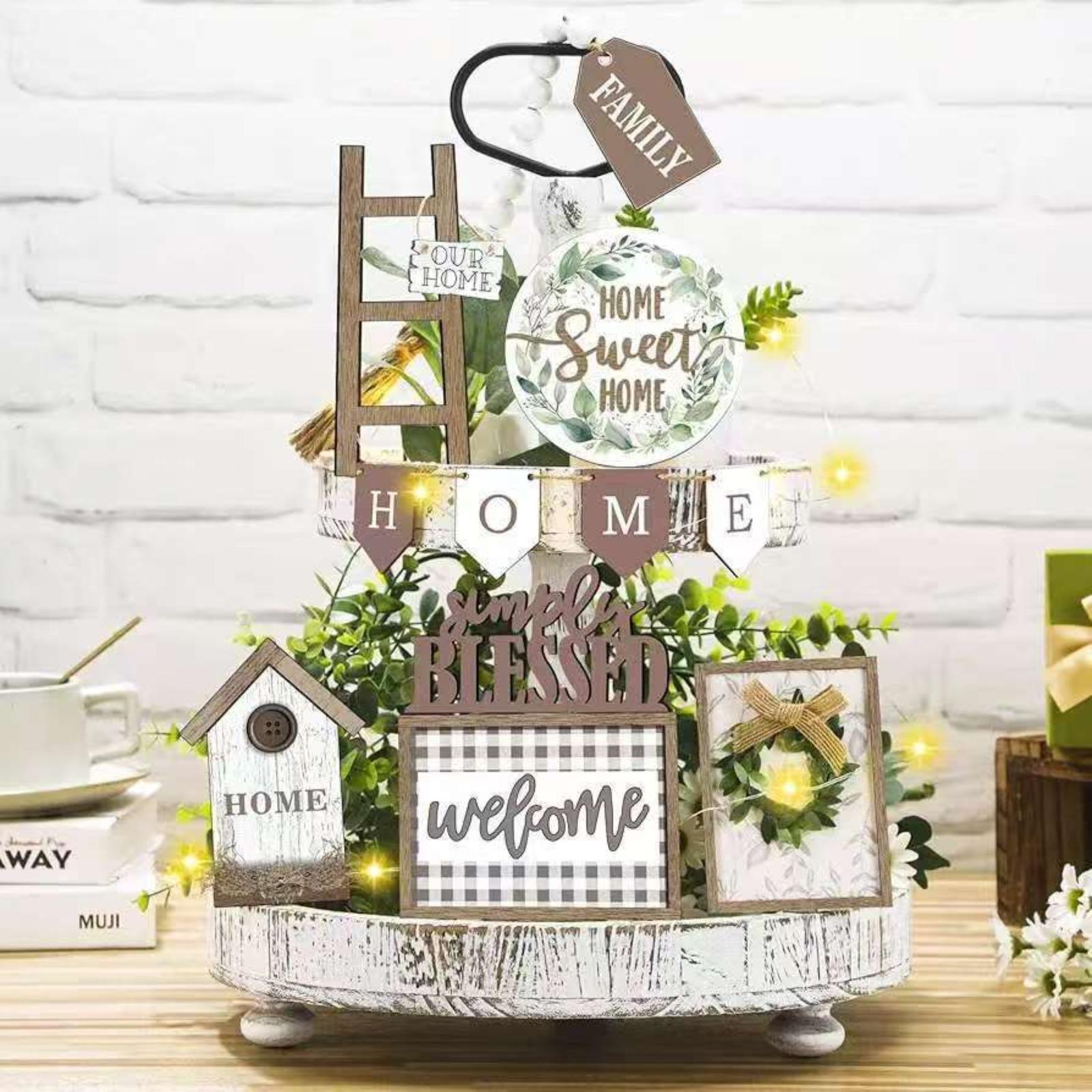 Rustic Wooden Tiered Tray | Farmhouse Garden Theme Vintage Style for Kitchen Shelf & Home Decor
