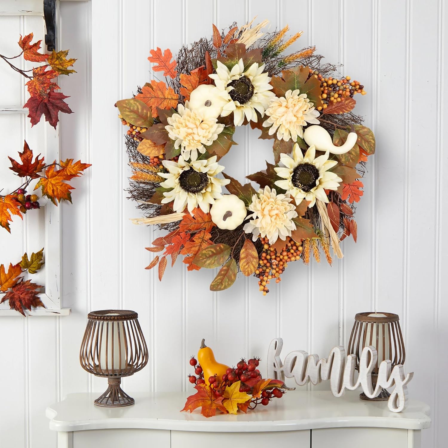 Fall Swag Wreath | Teardrop Maple Leaf Autumn Wreath for Front Door Thanksgiving Home Decor