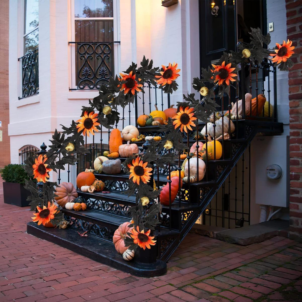 Black Halloween Garland | Artificial Maple Leaf Sunflower Pumpkin Vine for Fireplace Door Mantel & Party Decor in Yellow Orange