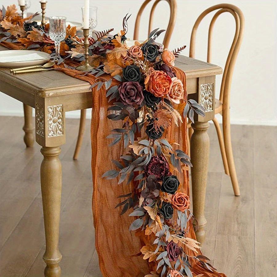 Halloween Artificial Rose Eucalyptus Willow Leaf Garland | Rustic Floral Table Runner Mantel Staircase Decor Black Red Orange