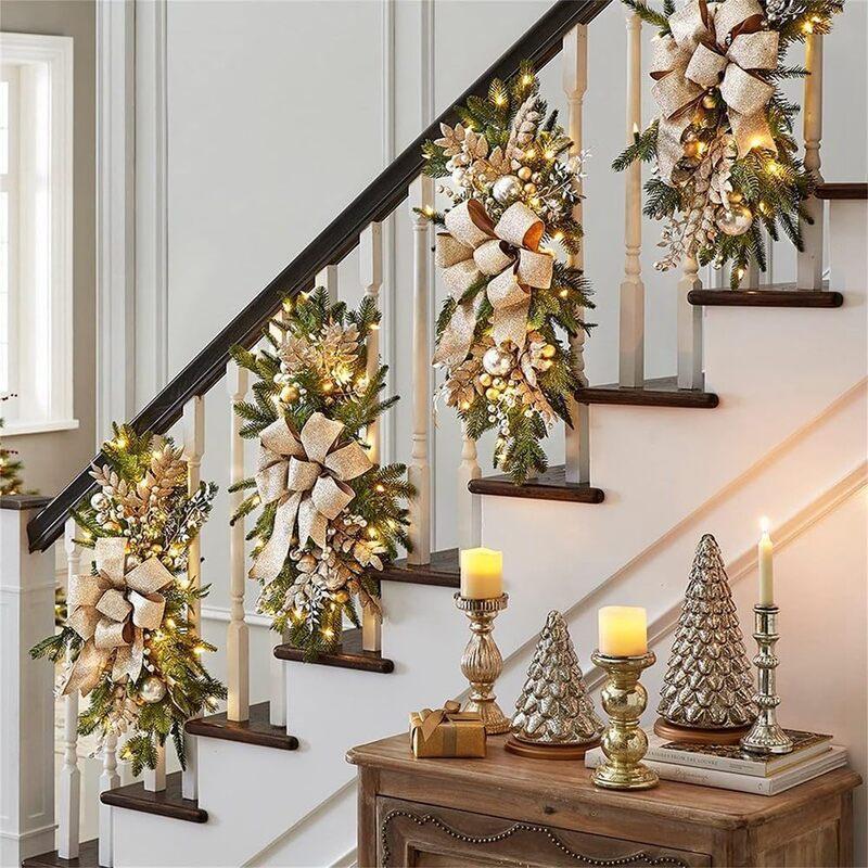 Christmas Door Swag with Bow, Artificial Pine Needle Swag with Berries & Glitter Leaves for Front Door Wall Fireplace Staircase Holiday Decor