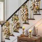 Christmas Door Swag with Bow, Artificial Pine Needle Swag with Berries & Glitter Leaves for Front Door Wall Fireplace Staircase Holiday Decor