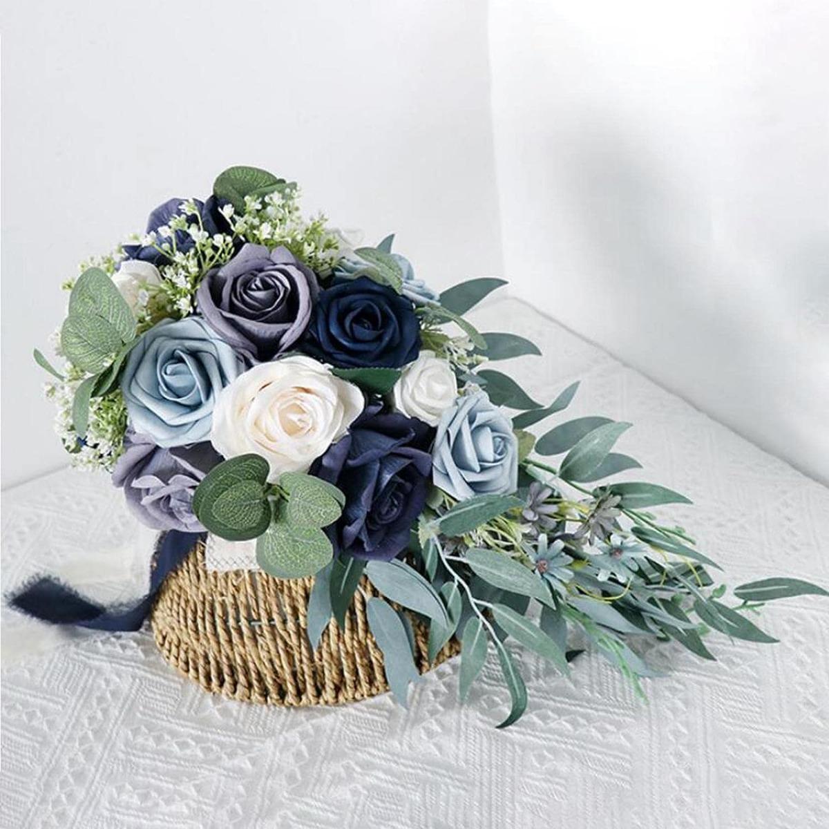 17 Inch Water Drop Blue Rose Bridal Bouquet | Luxury French Style Wedding Bridesmaid & Photo Shoot