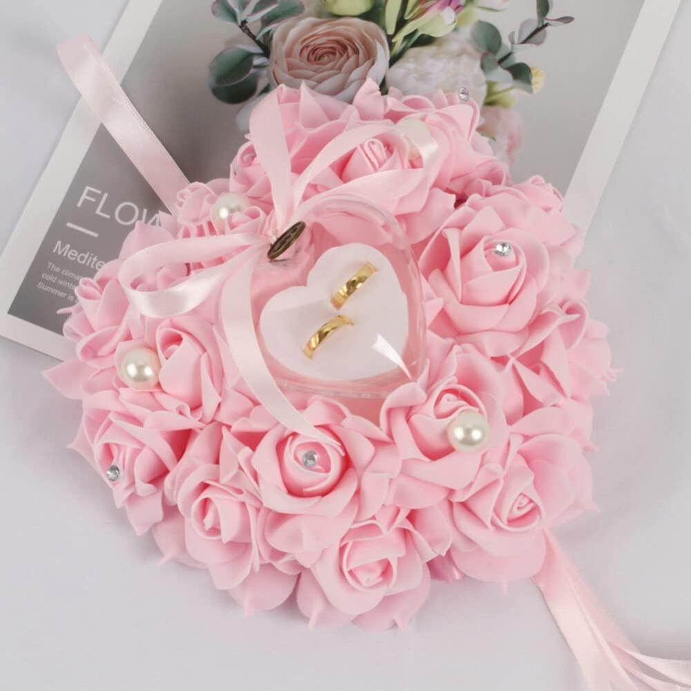 Wedding Ring Pillow Lace Crystal Rose | Love Heart Ring Holder Foam Flower Ring Box for Ceremony Proposal & Valentine's Day Gift in White Beige Pink Purple Red