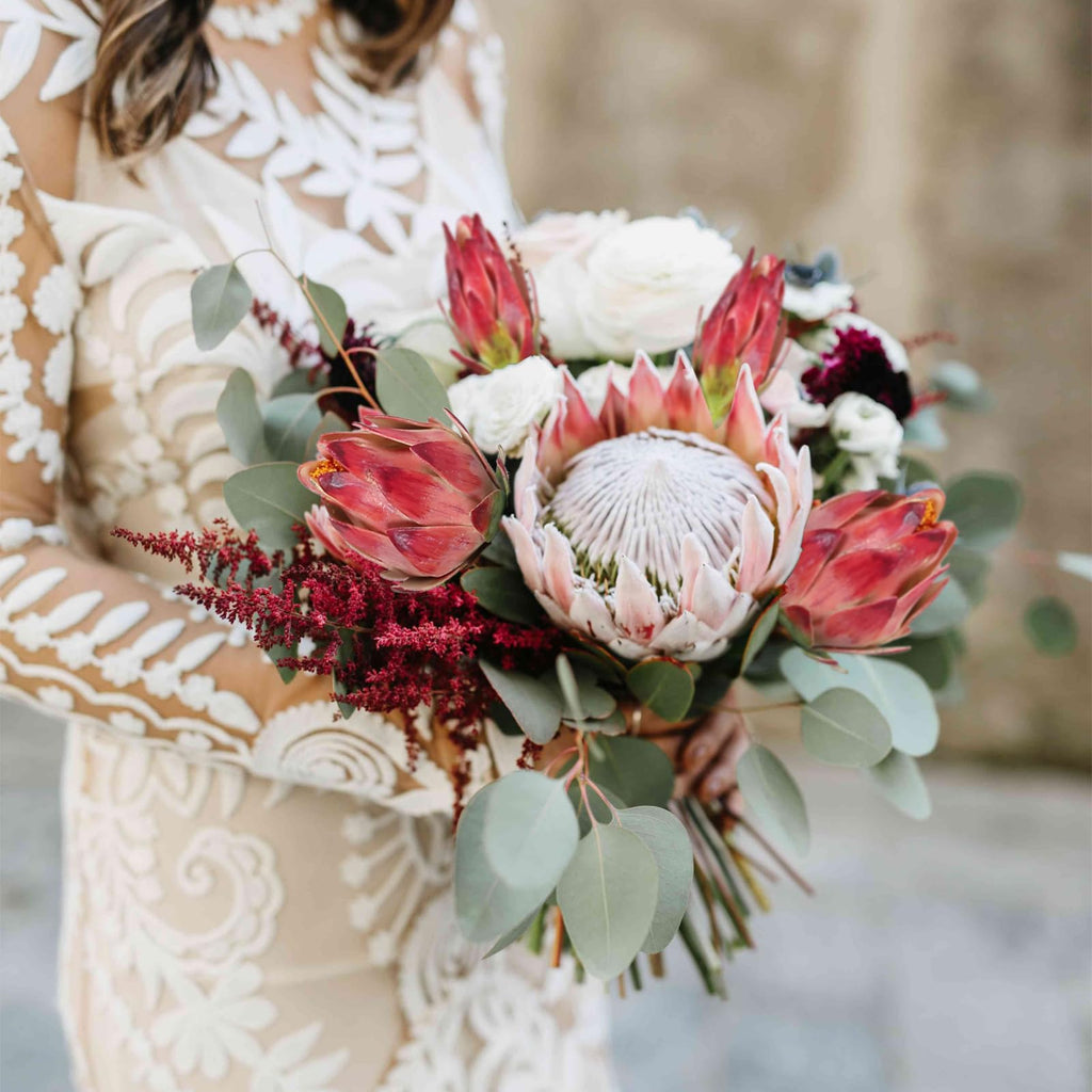 Artificial King Protea Flowers 2pcs 31 inch Stem | Wedding Centerpiece Home & Garden Decor in Burgundy Red