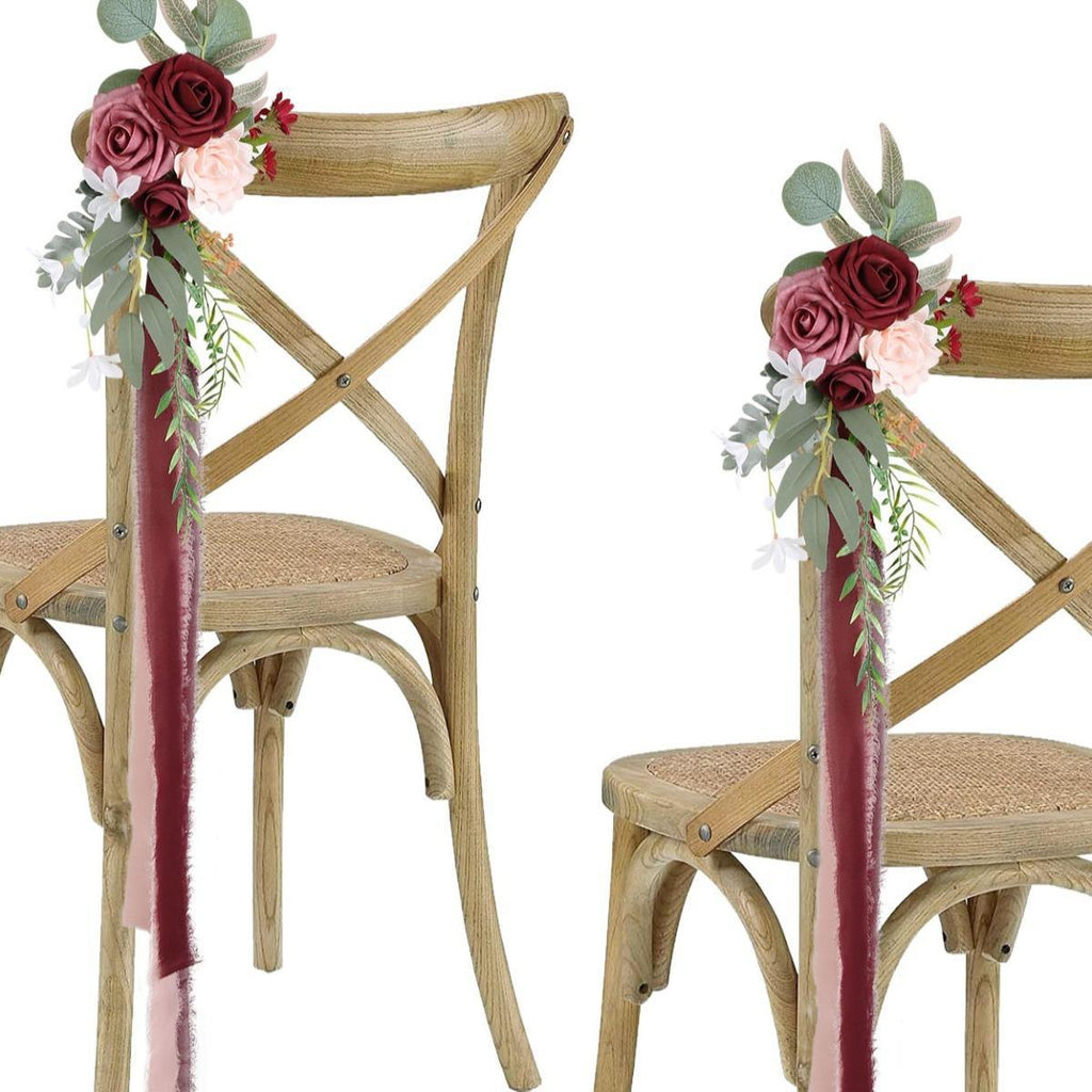 Artificial Flower Chair Decorations with Chiffon Ribbons 4pcs | Wedding Ceremony Banquet & Party Chair Decor in 10 Colors