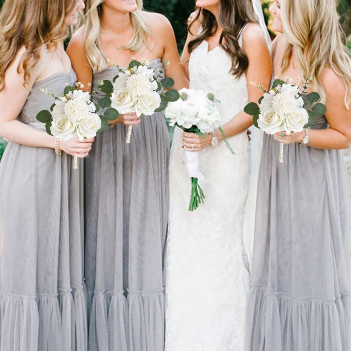 Dusty Blue Wedding Bouquet Artificial White Rose & Eucalyptus | Bride Bridesmaid & Toss Bouquet for Wedding Bridal Decor in Blue White