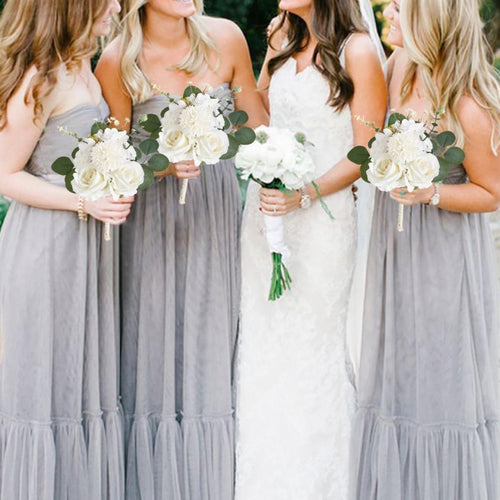 Dusty Blue Wedding Bouquet Artificial White Rose & Eucalyptus | Bride Bridesmaid & Toss Bouquet for Wedding Bridal Decor in Blue White