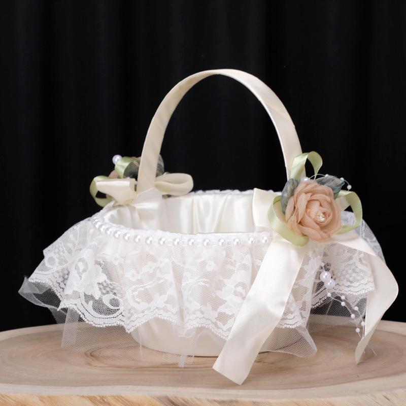 Wedding Flower Girl Basket with Pearl Handle | Satin Petal Basket for Wedding Ceremony Bridal Shower & Home Decor in Beige White