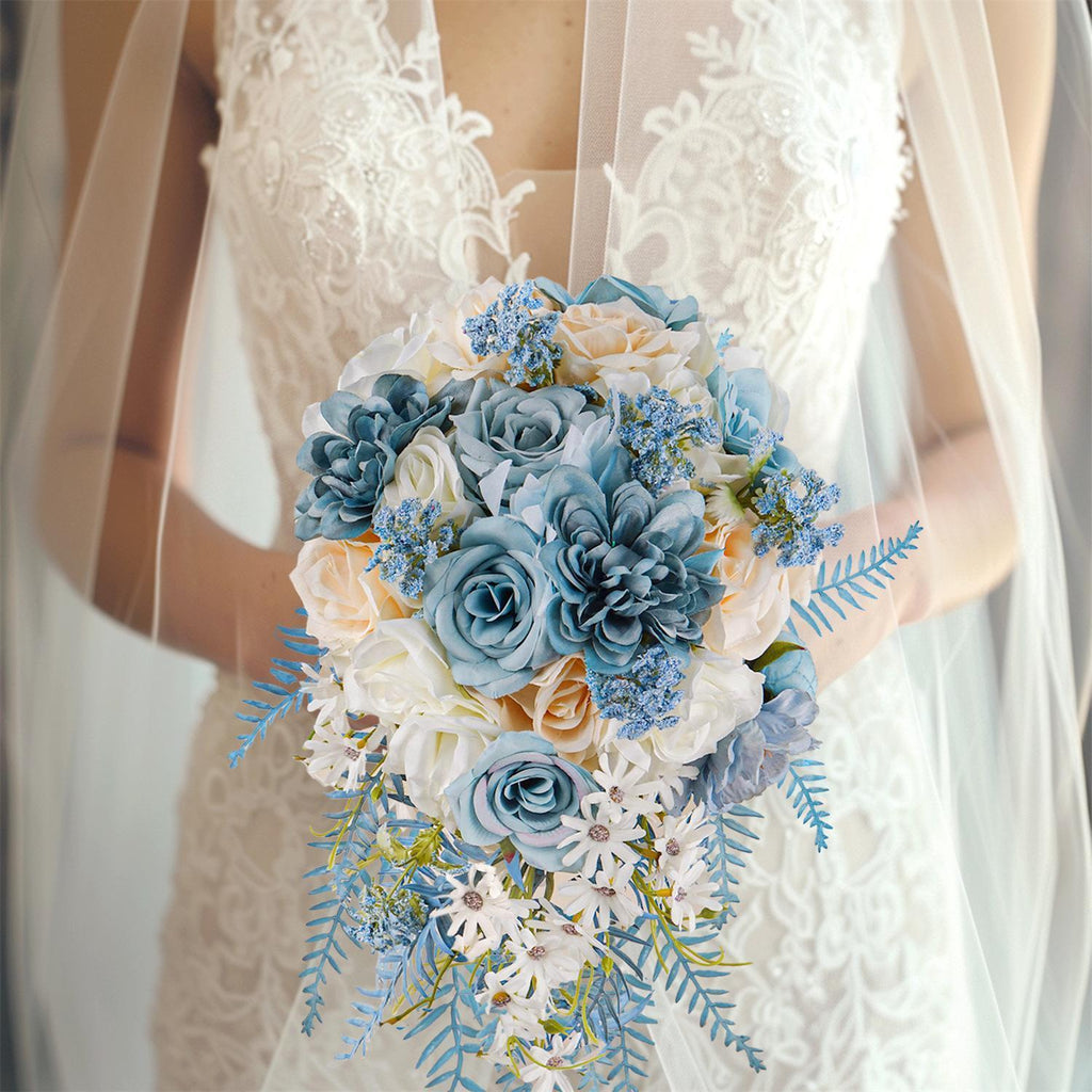 Boho Rustic Artificial Wedding Toss Bouquet | Blue Faux Flower for Ceremony Anniversary Bridal Keepsake & All Seasons