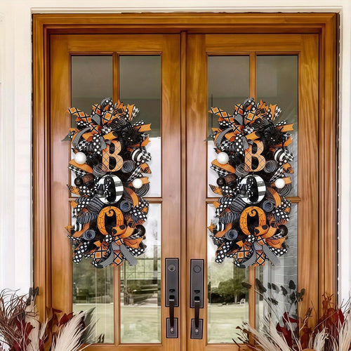 Halloween wreath with black pumpkin and skull sign for front door decoration