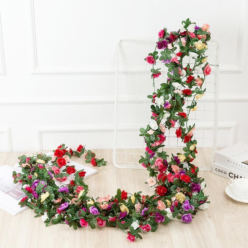 Artificial Rose Vine Hanging Garland with Green Leaves 5pcs | Wedding Birthday Christmas Wall Arch Party & Home Decor in 8 Colors
