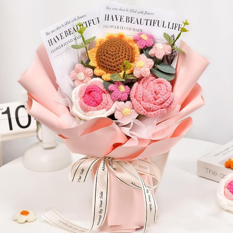 Handmade Crochet Flower Bouquet with Sunflowers Roses & Eucalyptus | Mother's Day Wedding Graduation & Valentine's Day Gift in Light Pink Yellow Blue