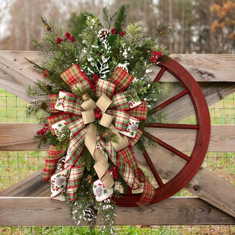 Farmhouse Wagon Wheel Christmas Wreath | Rustic Front Door Holiday Decor with Ribbon Bow & Berry Accents