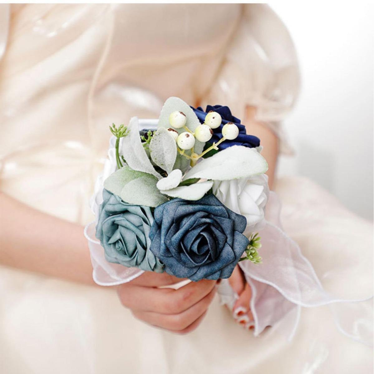 Lake Blue Artificial Rose Bouquet | Wedding Bridesmaids Groomsmen Bridal Party Decor with Decorative Fruit Ornaments