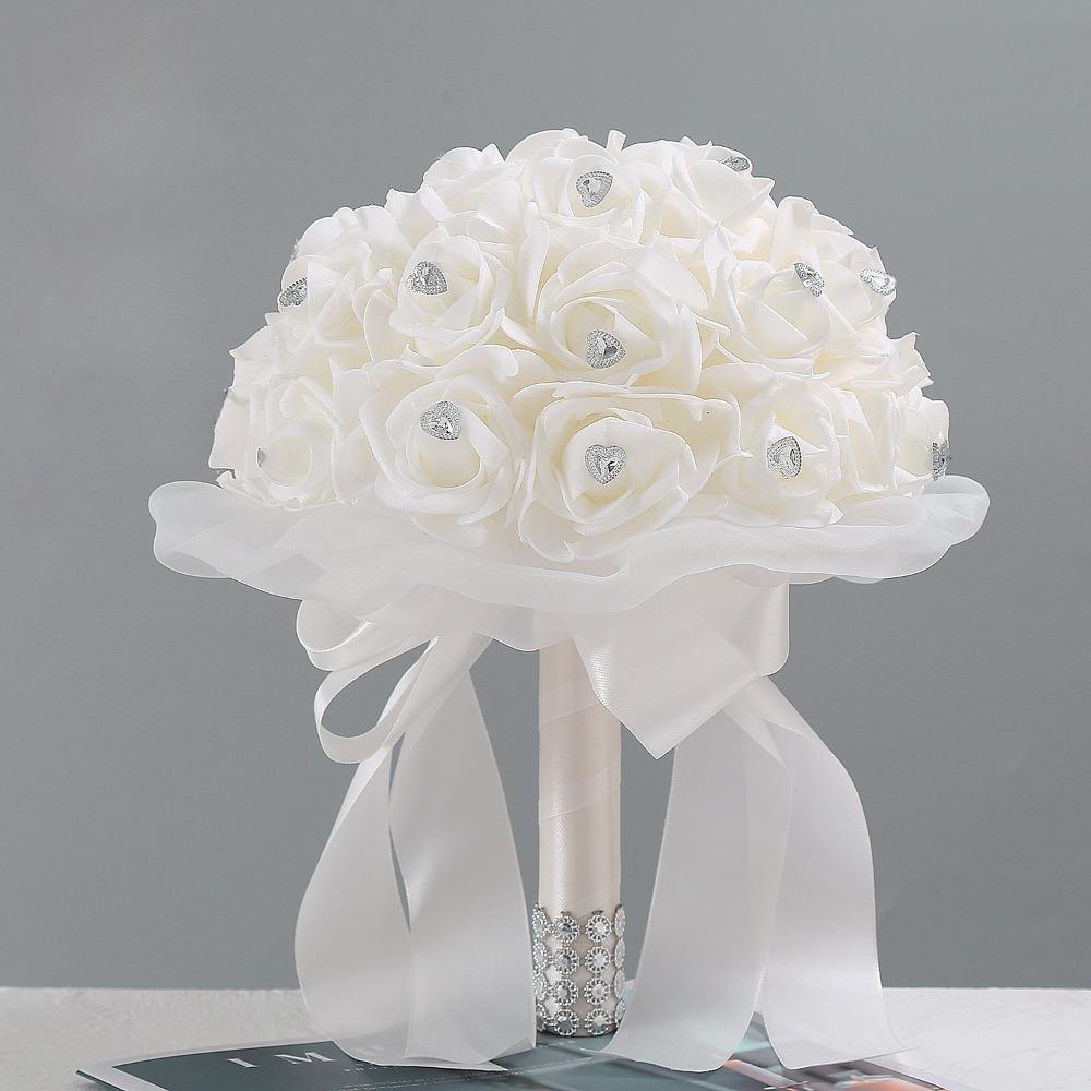 Crystal Artificial Rose Bridal Bouquet | Bride Bridesmaid Church Wedding Party & Photo Shoot in White