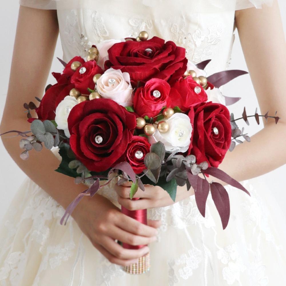 Rose Wedding Bouquet for Bride & Bridesmaid | Wedding Ceremony Prom & Party Decoration in White Red Orange Blue