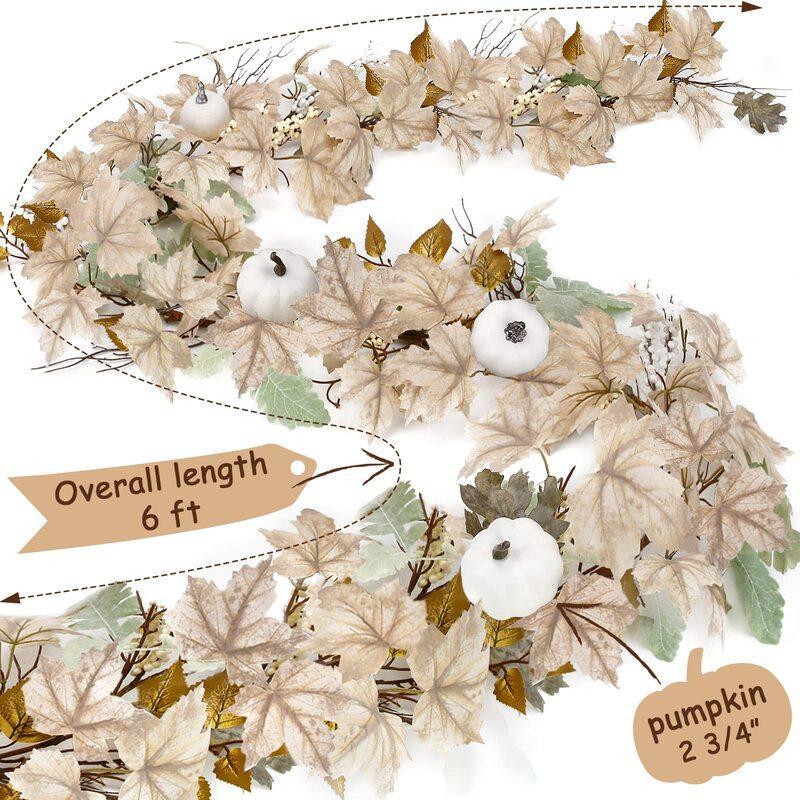 Fall maple leaf garland with pumpkins and berries – autumn Thanksgiving mantel decor