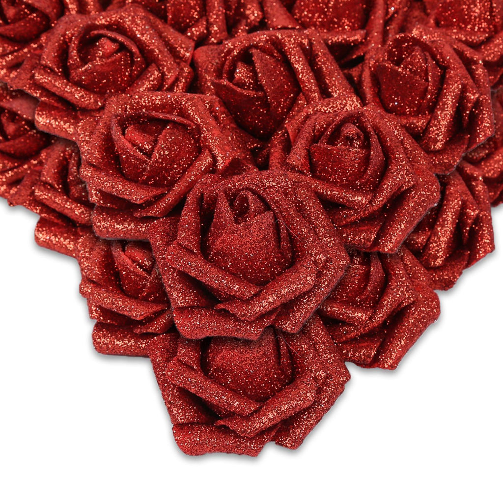 Glitter Foam Roses with Stems 25pcs | Wedding Bridal Bouquet Valentine's Day Party & Home Decor in Gold Silver