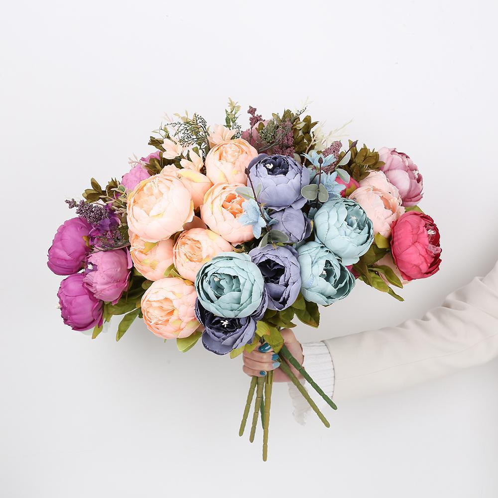 Vintage Artificial Peonies and Hydrangeas Bouquet | Wedding Bridal Centerpiece & Home Decor in Pink Purple Blue White 8 Colors
