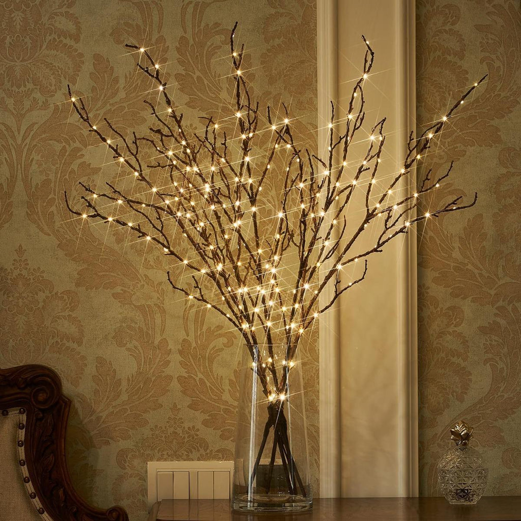 Lighted brown willow branches set of 2 with 50 warm white LED lights timer and dimmer for holiday wedding and home decor
