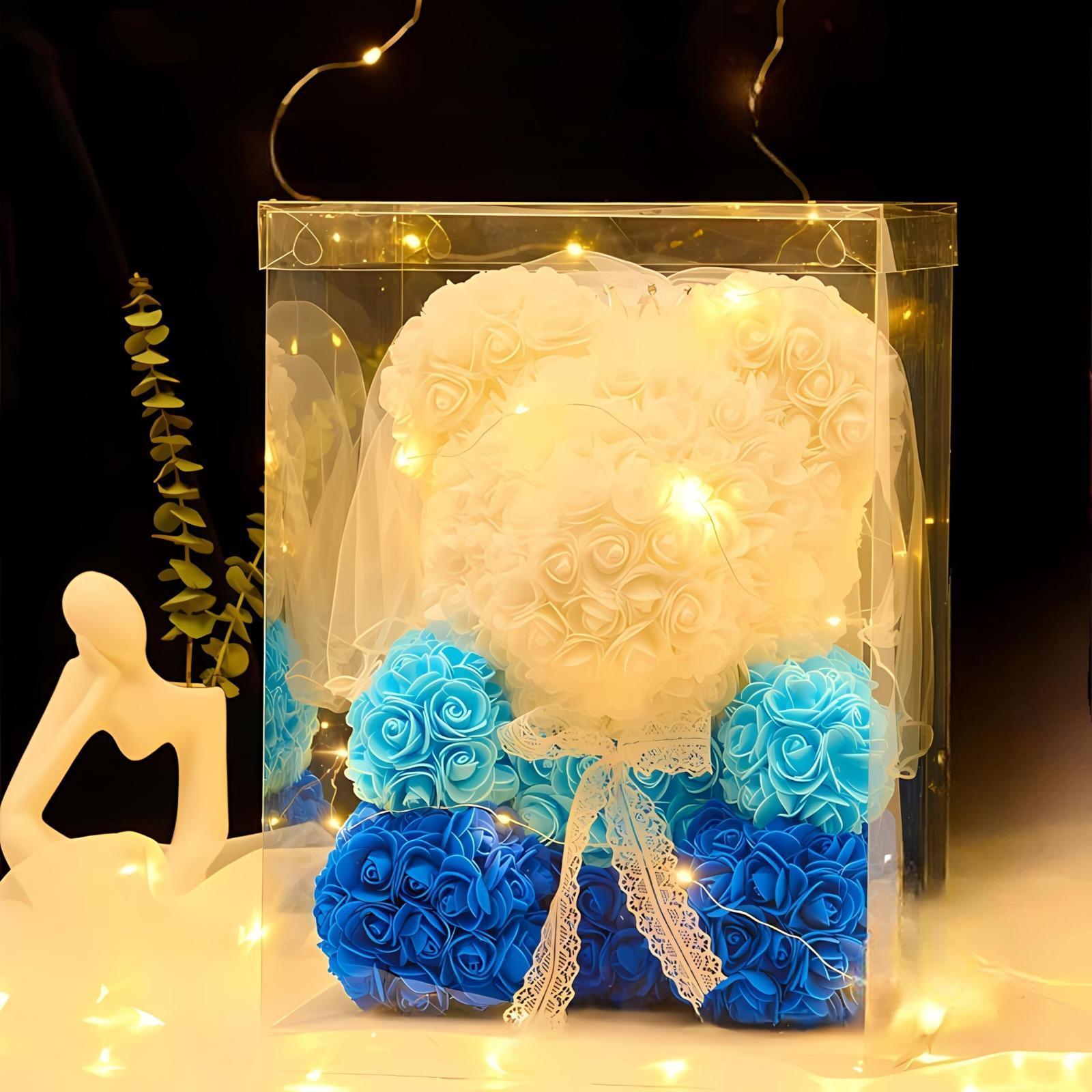 15.74 inch LED Teddy Rose Bear With Crown&Wedding Dress Artificial Flower Rose Bear Gift Box For Girls' Birthday Valentine's Day Mother's Day Gift