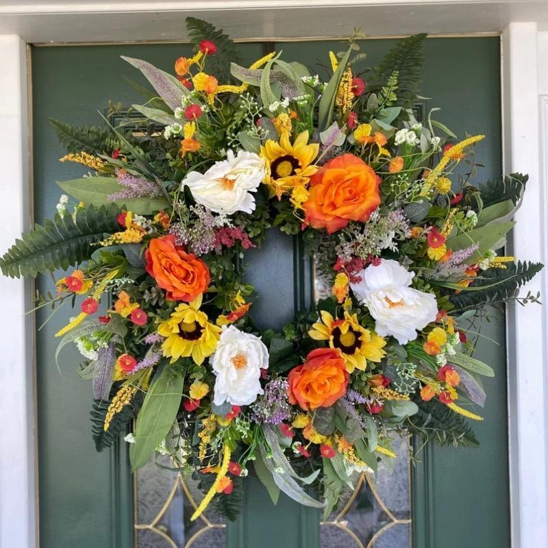 Colorful Artificial Floral Wreath with Sunflower and Green Leaves | Front Door Wall Spring Summer Party & Graduation Decor