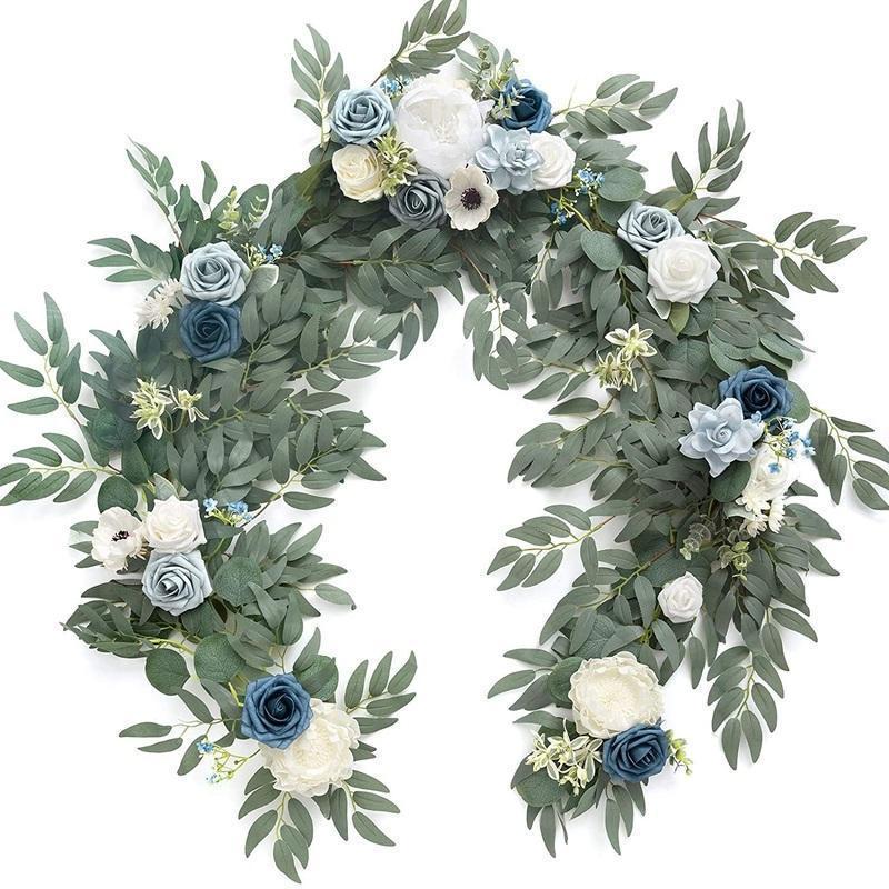 6FT Eucalyptus & Willow Leaf Garland with White Flowers | Wedding Table Backdrop Party Decor 4 Colors