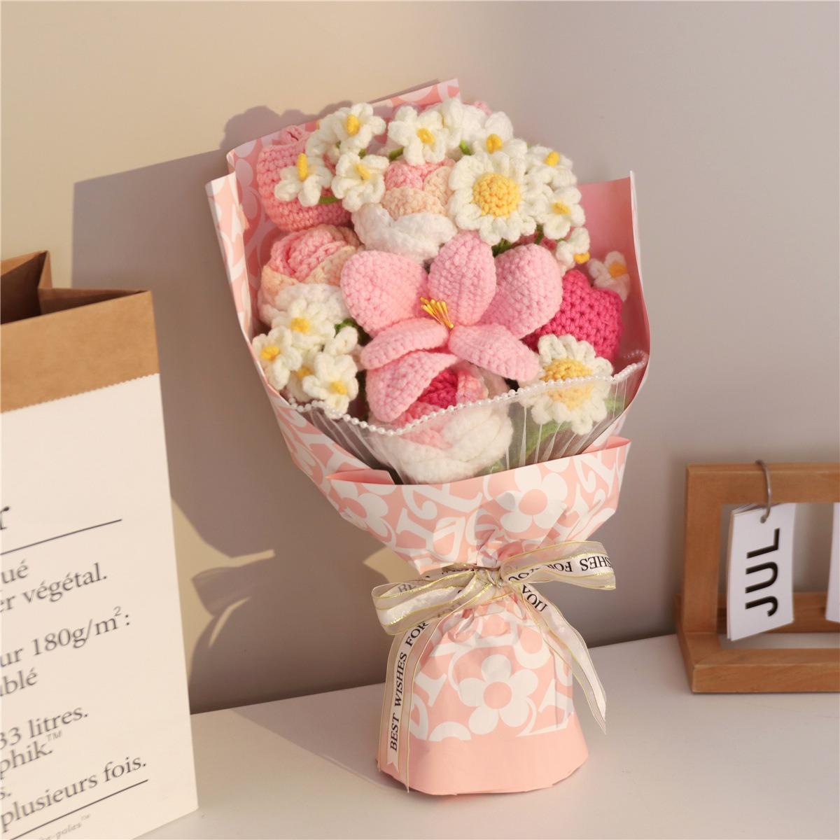 Handmade Crochet Flower Bouquet Pink | Eternal Rosy Flowers for Home Room Decor Wedding Anniversary Birthday & Festival Gift