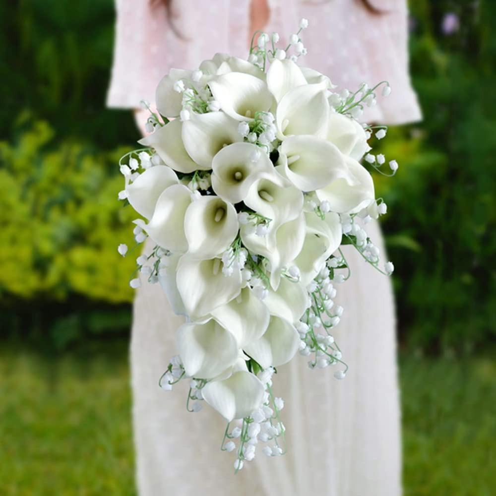 Bride White Burgundy Calla Lily Rose Fake Flowers Wedding Bouquets Artificial Flowers Water Drop Bridal Bouquet for Wedding Bridal Shower Ceremony Anniversary Decor