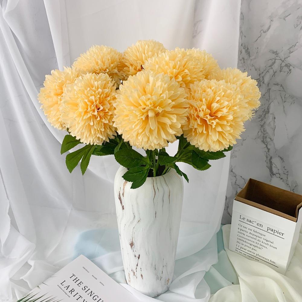 Artificial Chrysanthemum Ball Flowers Set of 10 | Mums for Home Decor Indoor Floral Arrangement Table Centerpiece Yellow