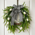 Modern Classic Front Door Wreath with Tulip & Black White Striped Bow Green Foliage for Spring Summer Home Porch & Wall Decor