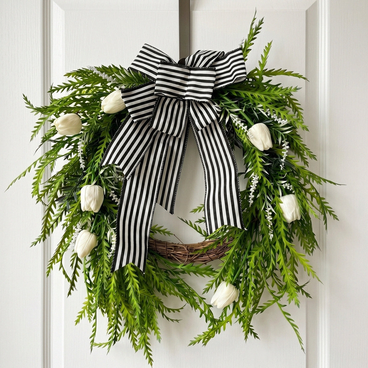 Modern Classic Front Door Wreath with Tulip & Black White Striped Bow Green Foliage for Spring Summer Home Porch & Wall Decor