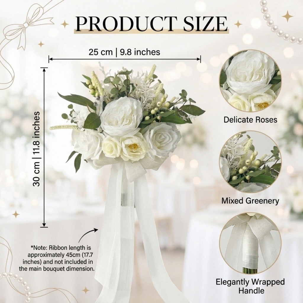 Artificial White Rose Bouquet with Green Leaves Wedding Bridal Flower Arrangement Home Table Decor