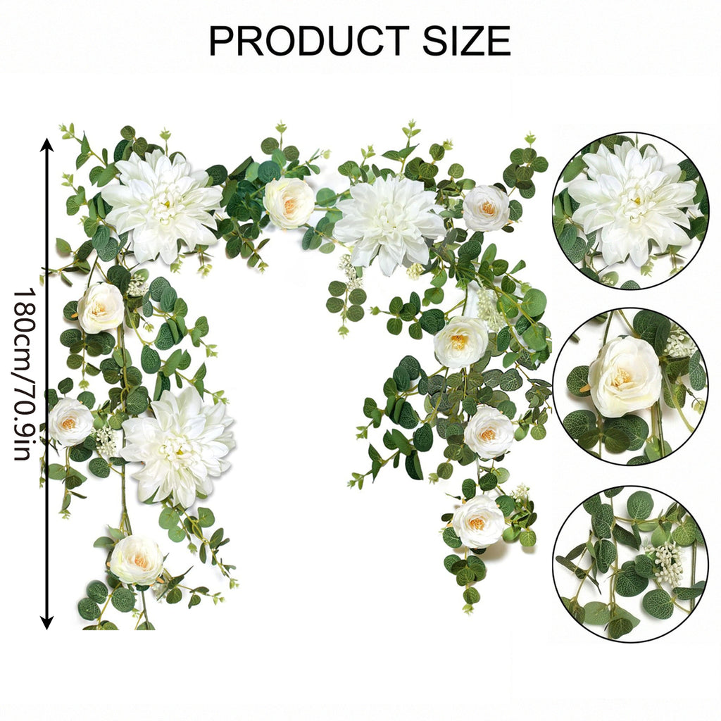 Artificial Flower Garland with White Dahlia Rose and Eucalyptus Leaves Wedding Arch Backdrop Home Wall Hanging Decor