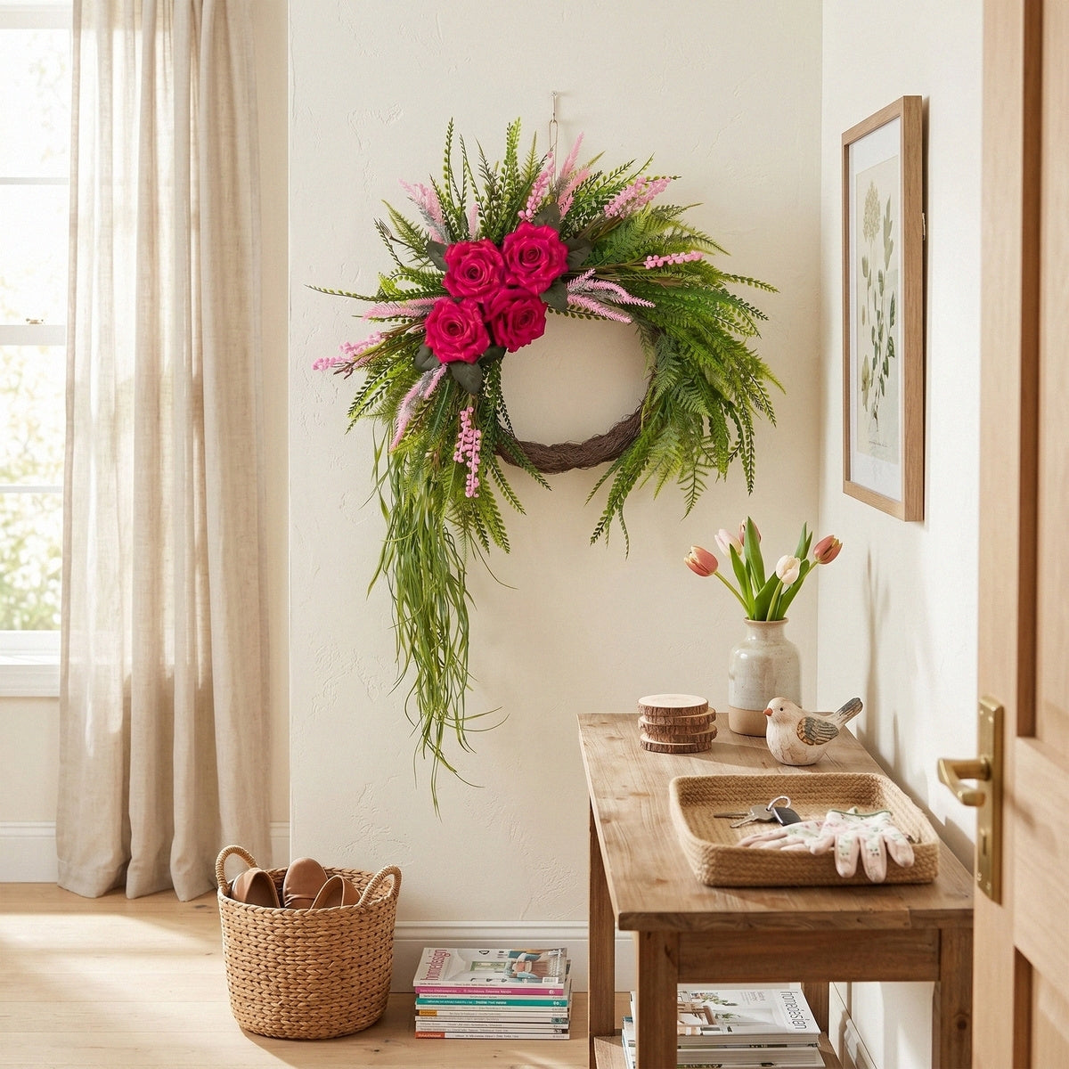Artificial Rose Fern Wreath with Cascading Greenery and Pink Accents Boho Door Wall Hanging Decor