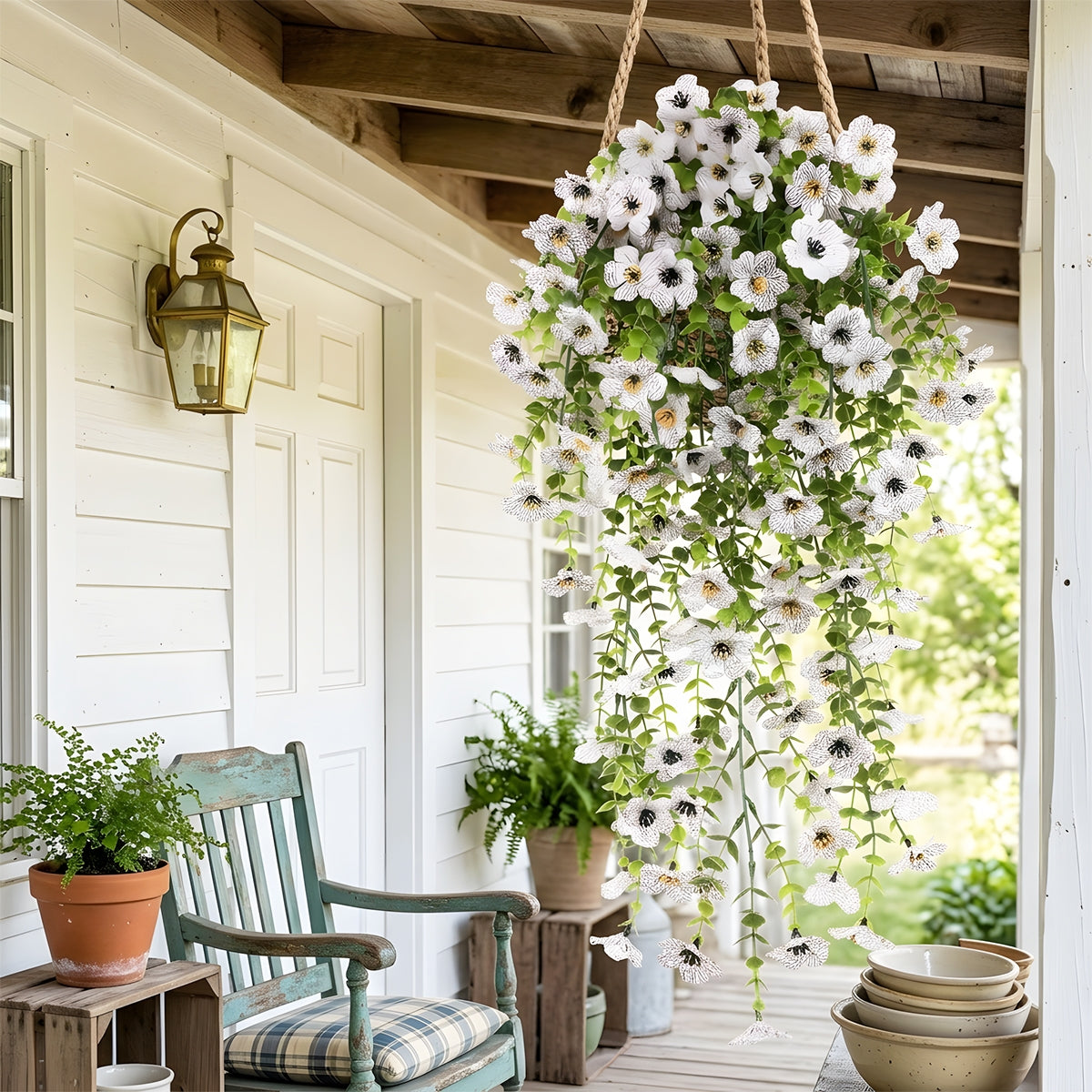 Artificial Hanging Flowers for Outdoors, Morning Glory Artificial Flowers with Eucalyptus Leaves, UV Resistant Fake Flower Realistic Faux Plants for Home Patio Porch Garden