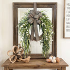 Artificial Greenery Wreath with Striped Bow and White Berries Pine Fern Eucalyptus Door Wall Hanging Decor